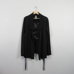 Vintage Lucky Brand Cardigan Women L Black Cotton Floral Embroidered Boho 450